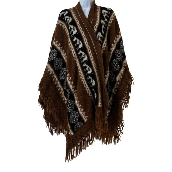 Vintage Jackets & Blazers - Vintage Oversized & Long Hand Knit Crochet Art Alpaca Wool Aztec Fringe Poncho